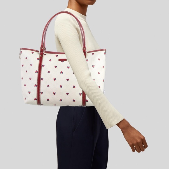 GUCCI GG Canvas Joy Heart Tote Bag White PVC Leather Auth rd1456 + Wallet - Picture 3 of 5